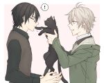  ! 2boys animal black-framed_eyewear black_cat black_shirt brown_eyes brown_sweater_vest cat closed_mouth commentary_request earrings faust134 glasses green_jacket grey_hair grey_sweater grin hair_between_eyes holding holding_animal holding_cat ishihara_usumi jacket jewelry kisaragi_ren_(mahjong_soul) long_bangs long_sleeves looking_at_another mahjong_soul male_focus multiple_boys pink_background profile shirt short_hair smile spoken_exclamation_mark sweater sweater_vest upper_body 
