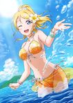  ayase_eli bikini blonde_hair blue_eyes blush breasts cleavage floral_print long_hair looking_at_viewer love_live! love_live!_school_idol_project medium_breasts non-web_source official_art open_mouth ponytail print_bikini scrunchie smile solo swimsuit white_scrunchie yellow_bikini 