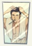  1boy abs adjusting_hair azzurro_000 bathroom black_eyes black_hair highres indoors male_focus mirror mitsui_hisashi mouth_hold scar scar_on_chin scar_on_face short_hair slam_dunk_(series) solo toothbrush toothbrush_in_mouth towel towel_around_neck upper_body 