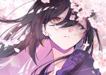  1girl absurdres black_hair braid cherry_blossoms colored_inner_hair earrings eyeshadow floral_background flower green_eyes highres jewelry makeup mole mole_under_eye multicolored_hair nekoma_hikaru open_mouth original parted_lips purple_shirt red_eyes shirt tassel tassel_earrings 
