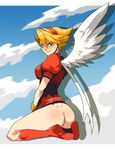  1girl artist_request ass blonde_hair blush breath_of_fire breath_of_fire_iii capcom cloud clouds daga dimples_of_venus green_eyes looking_at_viewer looking_back nina nina_(breath_of_fire_iii) no_panties short_dress short_hair sky smile solo wings 