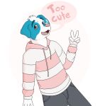 2015 aliasing anthro blue_body blue_eyebrows blue_eyes blue_fur bottomwear canid canine canis cel_shading clothed clothing dalmatian digital_drawing_(artwork) digital_media_(artwork) domestic_dog drawstring_hoodie english_text eyebrows floppy_ears fully_clothed fur gesture grey_bottomwear grey_clothing grey_pants grey_sclera half-length_portrait hand_gesture handwritten_text heart_symbol hoodie male mammal open_mouth open_smile pants pink_clothing pink_hoodie pink_nose pink_text pink_tongue pink_topwear portrait sebdoggo shaded simple_background smile snout solo speech_bubble text tongue topwear v_sign white_body white_fur