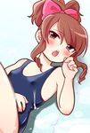  avatar_base blush brown_hair commentary_request covered_nipples crossdressing hair_ribbon looking_up lying male_focus on_back one-piece_swimsuit open_mouth original otoko_no_ko ponytail ribbon school_swimsuit solo swimsuit urakuso 