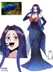  1girl absurdres artist_self-insert bare_shoulders blue_eyes blue_hair breasts cleavage collarbone creature_and_personification dress elbow_gloves fins fish fish_girl gegegekman gloves gradient_hair head_fins highres large_breasts laughing long_hair looking_at_viewer mole mole_under_mouth multicolored_hair multiple_views ojou-sama_pose original parted_bangs purple_hair signature smug strapless strapless_dress white_background 