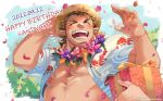  1boy andvari_(housamo) animal_print arm_hair bara bare_pectorals blush brown_hair chest_hair closed_eyes dated facial_hair falling_petals fish_print flower flower_necklace gift goatee gold_ring hat hawaiian_shirt holding holding_gift jewelry lei male_focus open_clothes open_mouth outdoors pectorals petals pointy_ears ring shirt short_hair sideburns sumi_wo_hakuneko sun_hat teeth tokyo_afterschool_summoners twitter_username 