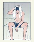  1boy abs azzurro_000 black_hair black_male_underwear closed_eyes drying drying_hair feet_out_of_frame highres indoors male_focus male_underwear mitsui_hisashi scar scar_on_chin scar_on_face short_hair sitting slam_dunk_(series) solo topless_male towel towel_on_head underwear underwear_only wet 