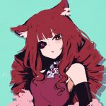  1girl absurdres animal_ear_fluff animal_ears bare_shoulders black_gloves blunt_bangs blurry blurry_background cat_ears drill_hair elbow_gloves gloves highres looking_at_viewer red_eyes red_hair rnna solo stella_hoshii twin_drills upper_body va-11_hall-a wavy_hair 