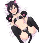  :d animal_ears antenna_hair bare_shoulders bed_sheet bell bell_collar black_hair black_legwear blush bow breasts cat_ears cat_tail cleavage collar collarbone gloves highres idolmaster idolmaster_(classic) kikuchi_makoto lace lace-trimmed_panties looking_at_viewer lying midriff navel on_back open_mouth panties paw_gloves paws purple_eyes short_hair small_breasts smile solo sweatdrop tail thighhighs tsurui underwear 