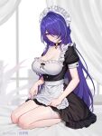  1girl acheron_(honkai:_star_rail) apron artist_name bell breasts cleavage earrings hair_over_one_eye highres honkai:_star_rail honkai_(series) jewelry kneeling large_breasts long_hair looking_at_viewer maid maid_apron maid_headdress multicolored_hair neck_bell on_bed purple_eyes purple_hair seiza sitting smile solo streaked_hair thighhighs very_long_hair white_thighhighs yunkaiming 