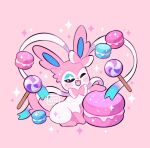  +_+ ;d artist_name blush_stickers candy commentary fang food happy leaphere lollipop macaron one_eye_closed open_mouth pink_background pokemon smile sparkle star_(symbol) sylveon 