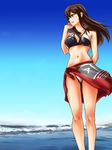  akagi_(kantai_collection) alternate_costume bare_shoulders beach bikini black_bikini brown_eyes brown_hair day kantai_collection kobamiso_(kobalt) long_hair looking_away looking_to_the_side outdoors sarong solo stomach swimsuit 