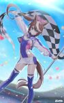  1girl absurdres animal_ears artist_name blue_eyes blue_leotard blue_sky blue_thighhighs blurry boots brown_hair checkered_flag cloud commentary cropped_jacket day depth_of_field feet_out_of_frame flag grin highres horse_ears horse_girl horse_tail jacket leotard long_hair long_sleeves miniskirt multicolored_hair multicolored_leotard outdoors outstretched_arms ponytail race_queen shrug_(clothing) skirt sky smile solo streaked_hair symbol-only_commentary tail thigh_boots thighhighs tokai_teio_(umamusume) two-tone_hair ugohato umamusume white_hair white_jacket white_skirt 