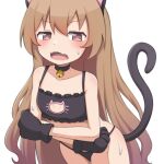  1girl aisaka_taiga animal_ears animal_hands bell black_bra black_panties black_tail blush bra brown_eyes brown_hair cat_cutout cat_ears cat_tail cleavage_cutout clothing_cutout collarbone commentary_request cowboy_shot crossed_arms fake_animal_ears fang gloves hair_between_eyes highres long_hair looking_at_viewer mooramango neck_bell open_mouth panties paw_gloves simple_background skin_fang solo sweat tail toradora! underwear very_long_hair white_background 