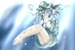 air_bubble blue_hair bubble closed_eyes dress hair_bobbles hair_ornament hand_to_own_mouth hat kawashiro_nitori light_rays long_sleeves ochazuke pocket shirt short_hair skirt skirt_set solo submerged sunbeam sunlight tearing_up tears touhou two_side_up underwater wet wet_clothes 
