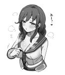  1girl breasts cleavage collarbone commentary_request greyscale highres kantai_collection large_breasts long_hair low_twintails monochrome noshiro_(kancolle) saburou_03 sailor_collar school_uniform serafuku shirt shirt_tug sleeveless sleeveless_shirt solo twintails upper_body 