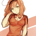  ahoge axis_powers_hetalia bad_id bad_pixiv_id breasts brown_hair cleavage detached_collar frown genderswap genderswap_(mtf) green_eyes hairband hand_in_hair long_hair lowres medium_breasts pomuta_(tama922) short_sleeves sketch solo southern_italy_(hetalia) 