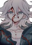  1boy absurdres blood blood_drip blood_drop blood_on_face collarbone commentary danganronpa_(series) danganronpa_2:_goodbye_despair green_eyes green_jacket hair_between_eyes highres hood hood_down hooded_jacket jacket komaeda_nagito looking_at_viewer male_focus manaita_no_sake messy_hair open_clothes open_jacket parted_lips pectoral_cleavage pectorals shirt short_hair simple_background solo straight-on upper_body white_background white_hair white_shirt zipper 