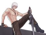  1boy abs bare_shoulders bishounen blue_eyes boots collarbone dante_(devil_may_cry) devil_may_cry_(series) devil_may_cry_3 fingerless_gloves gloves hair_between_eyes holding ika_vergi jewelry large_pectorals long_hair male_focus muscular muscular_male necklace pectorals rebellion_(sword) simple_background solo sword topless_male weapon white_background white_hair 