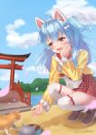 1girl :d ahoge animal_ears blue_hair blue_sky blush bowl bridge brown_footwear cat cat_ears cloud commentary_request day fake_animal_ears falling_petals fang fish_hair_ornament full_body grin hair_ornament hand_on_own_cheek hand_on_own_face highres igarashi_haruna long_hair long_sleeves mahjong_soul medium_bangs one_side_up open_mouth orange_cat outdoors pet_bowl pet_food petals piyodraco plaid plaid_skirt red_eyes red_skirt shirt shoes skirt sky smile solo squatting thighhighs torii white_thighhighs yellow_shirt 