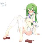  bad_id bad_pixiv_id barefoot blush clog_sandals detached_sleeves feet frog_hair_ornament full-face_blush green_eyes hair_ornament kochiya_sanae long_hair messy_hair one_eye_closed ootsuki_momiji panties shirt shoes single_shoe sitting skirt snake_hair_ornament solo thighhighs torn_clothes torn_legwear torn_shirt torn_skirt torn_sleeves touhou touhou_ayaria_epic underwear white_legwear white_panties wince 