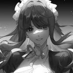  1girl commentary_request detached_collar eyes_visible_through_hair gradient_background greyscale grin hair_between_eyes hair_intakes kujou_riu light_particles long_hair looking_at_viewer mahjong_soul maid maid_headdress medium_bangs monochrome neck_ribbon ribbon shirt sidelocks smile solo tandong upper_body 