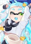  1girl bike_shorts blue_hair green_eyes highres holding holding_weapon inkling inkling_girl inkling_player_character one_eye_closed open_mouth paint paint_splatter pointy_ears rubber_duck sahata_saba shirt signature simple_background single_vertical_stripe splatoon_(series) splatoon_3 suction_cups tentacle_hair tri-slosher_(splatoon) weapon white_background white_shirt 