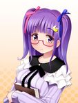  alternate_hairstyle bespectacled book book_hug breasts capelet crescent crescent_hair_ornament dress glasses hair_ornament hair_ribbon holding holding_book kozue_akari large_breasts long_sleeves looking_at_viewer patchouli_knowledge pink-framed_eyewear purple_dress purple_eyes purple_hair ribbon solo striped striped_dress touhou two_side_up upper_body 