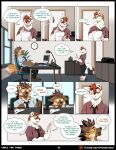  anthro aycee ben_(roanoak) brown_body brown_fur brown_hair canid canine clothed clothing comic duo english_text eyewear fur glasses hair hi_res male mammal maned_wolf mustelid musteline necktie red_eyes stoat text true_musteline url weasel white_body white_fur 