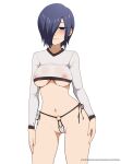 1girl animanghayo ass_visible_through_thighs blue_eyes blue_hair blush breasts closed_mouth commentary contrapposto covered_nipples cowboy_shot crop_top embarrassed eyes_visible_through_hair hair_over_one_eye highres kirishima_touka large_breasts long_sleeves medium_hair micro_panties navel o-ring o-ring_bottom o-ring_panties panties partially_visible_vulva patreon_username see-through see-through_shirt side-tie_panties solo tokyo_ghoul underboob underwear watermark 