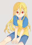  afuro_terumi androgynous blonde_hair grey_background inazuma_eleven inazuma_eleven_(series) long_hair m_(pixiv9151) male_focus otoko_no_ko raimon red_eyes simple_background sitting smile soccer_uniform solo sportswear 