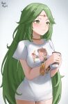  1girl absurdres breasts character_print commission cowboy_shot cup disposable_cup gradient_background green_eyes green_hair highres holding holding_cup kid_icarus kid_icarus_(nes) kid_icarus_uprising long_hair long_shirt palutena panties pit_(kid_icarus) rorirori_(rorirori45) shirt solo underwear very_long_hair white_shirt 