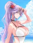  1girl 72megg absurdres blue_sky breasts cloud cloudy_sky commission commissioner_upload cross cross_necklace eyewear_on_head fire_emblem fire_emblem:_genealogy_of_the_holy_war flower hair_flower hair_ornament highres ishtar_(fire_emblem) jewelry necklace purple_eyes purple_hair sky sunglasses swimsuit 
