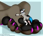 2018 absurd_res alst anthro canid canine canis claws colored_nails duo extreme_size_difference feet female foot_fetish foot_focus hi_res hug macro male male/female mammal micro nails on_paw pawpads paws size_difference smaller_male soles thaismotosuwa wolf