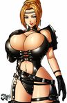 blonde_hair blue_eyes breasts bursting_breasts cleavage curvy dead_or_alive dead_or_alive_5 earrings hand_on_own_chest huge_breasts jadenkaiba jewelry latex leotard lipstick looking_at_viewer makeup naughty_face navel ninja_gaiden no_bra ponytail rachel_(ninja_gaiden) simple_background skin_tight tecmo thigh_gap thigh_strap thighs tight watermark white_background 