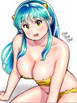  1girl animal_print bikini breasts cleavage green_hair highres horns kenken28937178 large_breasts long_hair looking_at_viewer lum oni open_mouth simple_background smile solo swimsuit tiger_print urusei_yatsura white_background yellow_eyes 