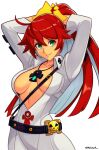  1girl absurdres alternate_hairstyle ankh blunt_ends bodysuit breasts gloves green_eyes guilty_gear guilty_gear_strive hair_between_eyes hair_up halo high_ponytail highres jack-o&#039;_valentine large_breasts long_hair looking_at_viewer multicolored_hair ponytail red_hair smgold smile solo spiked_halo two-tone_hair white_bodysuit white_hair 