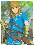 0027woo absurd_res belt blonde_hair blue_eyes bow_(weapon) clothing elf fingerless_gloves gloves hair handwear hi_res humanoid humanoid_pointy_ears hylian light_body light_skin link male nintendo not_furry ranged_weapon signature solo the_legend_of_zelda weapon