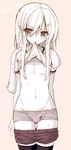  absurdres boxers bulge gym_shirt gym_shorts gym_uniform hair_ornament hairclip highres long_hair male_focus male_underwear mouth_hold navel nipples original otoko_no_ko sepia shirt shirt_lift shorts shorts_pull solo standing syroh thighhighs underwear 