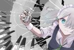  1girl apron aqua_eyes blue_eyes clock collared_shirt commentary_request dutch_angle glint green_necktie grey_apron grey_hair hair_ornament hair_over_one_eye highres holding holding_pocket_watch izayoi_sakuya knife language_request looking_at_viewer maid_headdress medium_hair necktie pocket_watch roman_numeral sanpaku serious shirt short_sleeves sketch_background solo too_many too_many_knives touhou upper_body watch white_shirt white_wrist_cuffs wide-eyed wrist_cuffs yuu_naay 