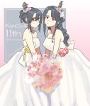  2girls alternate_costume bouquet dress feet_out_of_frame fusou_(kancolle) hair_bun headgear highres kantai_collection long_hair multiple_girls off-shoulder_dress off_shoulder sagamiso short_hair white_dress yamashiro_(kancolle) 