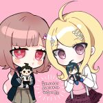  2girls :o ahoge akamatsu_kaede animal_bag backpack bad_id bad_twitter_id bag blonde_hair blue_jacket blue_sleeves blush_stickers brown_skirt buttons chibi collared_shirt commentary_request covered_mouth cowboy_shot danganronpa_(series) danganronpa_2:_goodbye_despair danganronpa_v3:_killing_harmony doll eyelashes fumo_(doll) galaga grey_pupils hair_ornament hairclip hinata_hajime holding holding_doll hood hood_down hooded_jacket jacket korean_commentary korean_text light_blush long_hair long_sleeves looking_at_viewer medium_hair miniskirt multiple_girls musical_note musical_note_hair_ornament musical_note_print nanami_chiaki notice_lines open_mouth pink_background pink_bag pink_eyes pink_hair pink_vest pleated_skirt purple_eyes purple_skirt rabbit_bag saihara_shuichi shirt simple_background skirt translation_request ttolchie vest white_bag white_shirt white_sleeves 