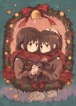  bell brown_eyes brown_hair coat hand_on_another's_head hand_on_own_chest highres holding_hands kyuri multiple_girls original parted_lips scarf shared_scarf smile snow star wreath yuri 