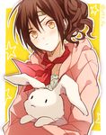  axis_powers_hetalia bandaid blush brown_hair bunny hood hoodie long_sleeves orange_eyes outline principality_of_wy_(hetalia) short_hair side_ponytail solo star twitter_username wowishi 