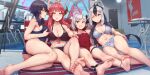  5girls abubu animal_ear_fluff animal_ears aru_(blue_archive) ass barefoot bikini black_choker black_hair black_horns blue_archive blue_eyes blue_halo blush breasts choker closed_mouth collarbone demon_horns feet grey_hair hair_between_eyes hair_ornament hairclip halo haruka_(blue_archive) highres horns indoors kayoko_(blue_archive) large_breasts long_hair looking_at_viewer multicolored_hair multiple_girls mutsuki_(blue_archive) navel orange_halo pointy_ears pool pool_ladder poolside problem_solver_68_(blue_archive) purple_eyes purple_halo red_eyes rei_no_pool shiroko_(blue_archive) side_ponytail small_breasts smile soles swimsuit toes two-tone_hair white_hair wolf_ears 
