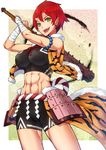  abs bandages bike_shorts breasts club earrings fangs green_eyes highres horns jewelry junnkinn kanabou large_breasts looking_at_viewer midriff oni oni_horns original pointy_ears red_hair rope shide shimenawa short_hair smile solo sports_bra toned weapon 