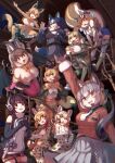  6+girls absurdres animal_ears bat_ears bat_girl bat_wings belt black_hair blonde_hair blue_hair boots bow bowtie brown_hair brown_long-eared_bat_(kemono_friends) camisole camouflage caracal_(kemono_friends) cat_ears cat_girl cat_tail chipmunk_ears chipmunk_girl chipmunk_tail coyote_(kemono_friends) dire_wolf_(kemono_friends) elbow_gloves extra_ears fox_ears fox_girl fox_tail geoffroy&#039;s_cat_(kemono_friends) gloves grey_hair hat highres hood hoodie humboldt_penguin_(kemono_friends) island_fox_(kemono_friends) jacket jungle_cat_(kemono_friends) kemono_friends kemono_friends_v_project large-spotted_genet_(kemono_friends) leotard long_hair looking_at_viewer microphone multiple_girls necktie okyao orange_hair pantyhose penguin_girl penguin_tail ribbon shirt short_hair shorts siberian_chipmunk_(kemono_friends) skirt sleeveless sleeveless_shirt suspenders tail thighhighs twintails vest virtual_youtuber wings wolf_ears wolf_girl wolf_tail 