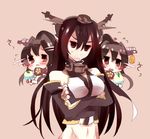  :&lt; bare_shoulders brown_eyes brown_hair crossed_arms elbow_gloves fingerless_gloves flying_sweatdrops food gloves headgear ice_cream kantai_collection long_hair midriff multiple_girls nagato_(kantai_collection) navel ponytail sleeveless sweatdrop yamato_(kantai_collection) yomogi_mochi_(ikuyaairi) 