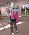 3d_(artwork) absurd_res anthro blender_(software) blender_eevee bottomwear canid canine caption classroom clothed clothing dialogue digital_media_(artwork) english_text female fox fur furniture hair hi_res hoodie inviting kaya_the_vixen looking_at_viewer mammal nolanhaldam open_mouth panties panties_down partially_clothed school slut_collar smile solo table tail text topwear true_fox underwear underwear_down white_body white_fur