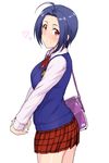  ahoge alternate_costume bag blue_hair heart highres idolmaster idolmaster_(classic) interlocked_fingers long_sleeves miura_azusa ribbon school_uniform short_hair shoulder_bag skirt solo sweater_vest the_best_schoolmate_(idolmaster) tsurui 