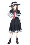  1girl :d black_capelet black_hat black_skirt black_socks blush bow brown_footwear brown_hair capelet commentary_request erisauria frilled_capelet frilled_skirt frills full_body grin hair_bow hand_on_own_hip hat hat_bow head_tilt highres kneehighs long_sleeves looking_at_viewer medium_hair necktie psd_available red_bow red_necktie shirt shoes simple_background skirt smile socks solo standing tachi-e touhou transparent_background usami_renko variant_set white_bow white_shirt yellow_eyes 